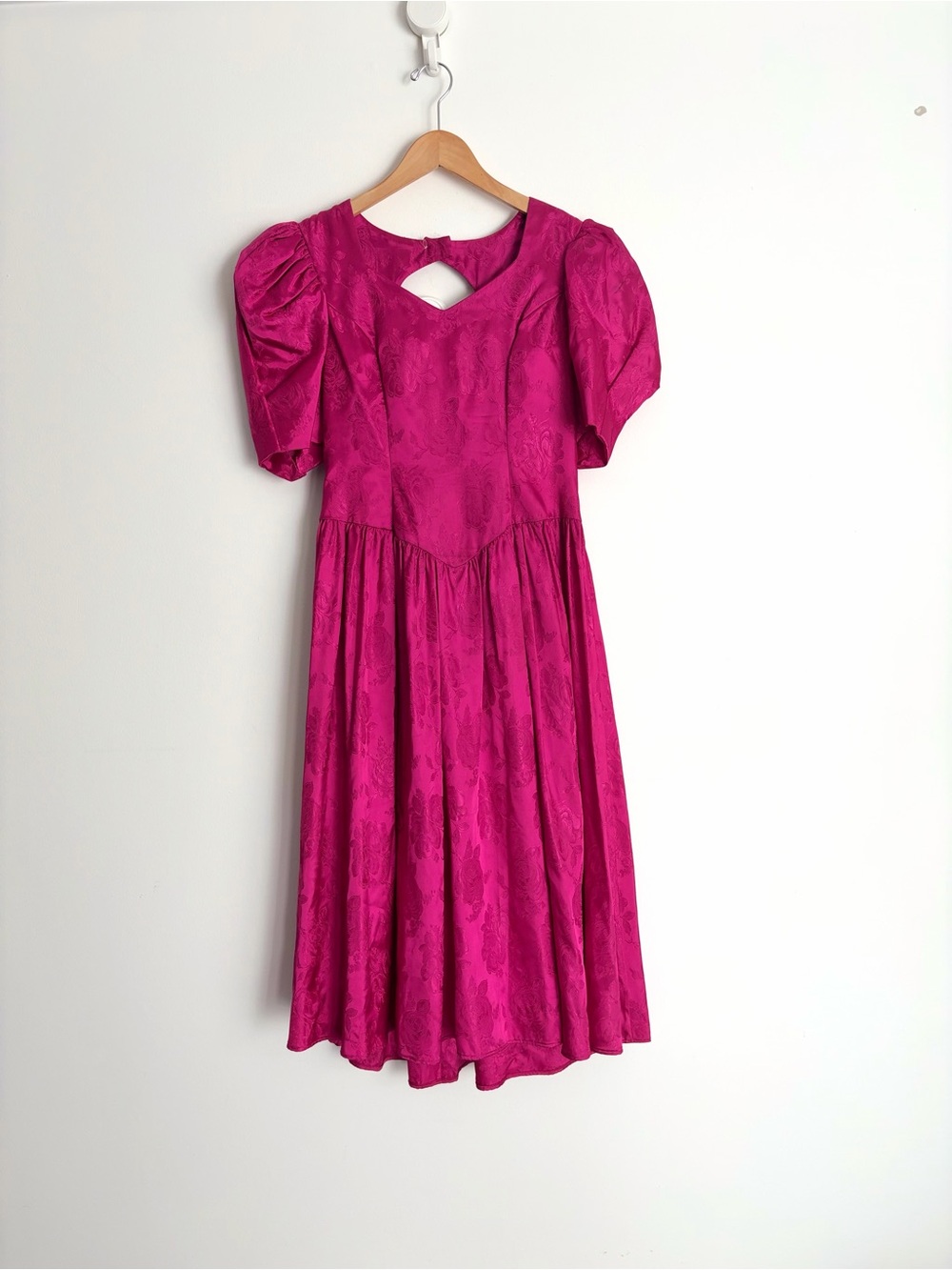 Vintage Fuchsia Rose Jacquard Basque Waist Puff Sleeve Dollcore Dress XS-S